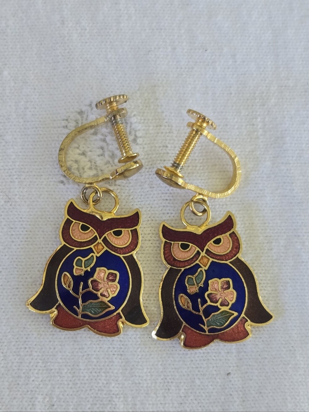 Vintage Gold-Tone Blue Owl Floral Clip-On Earrings